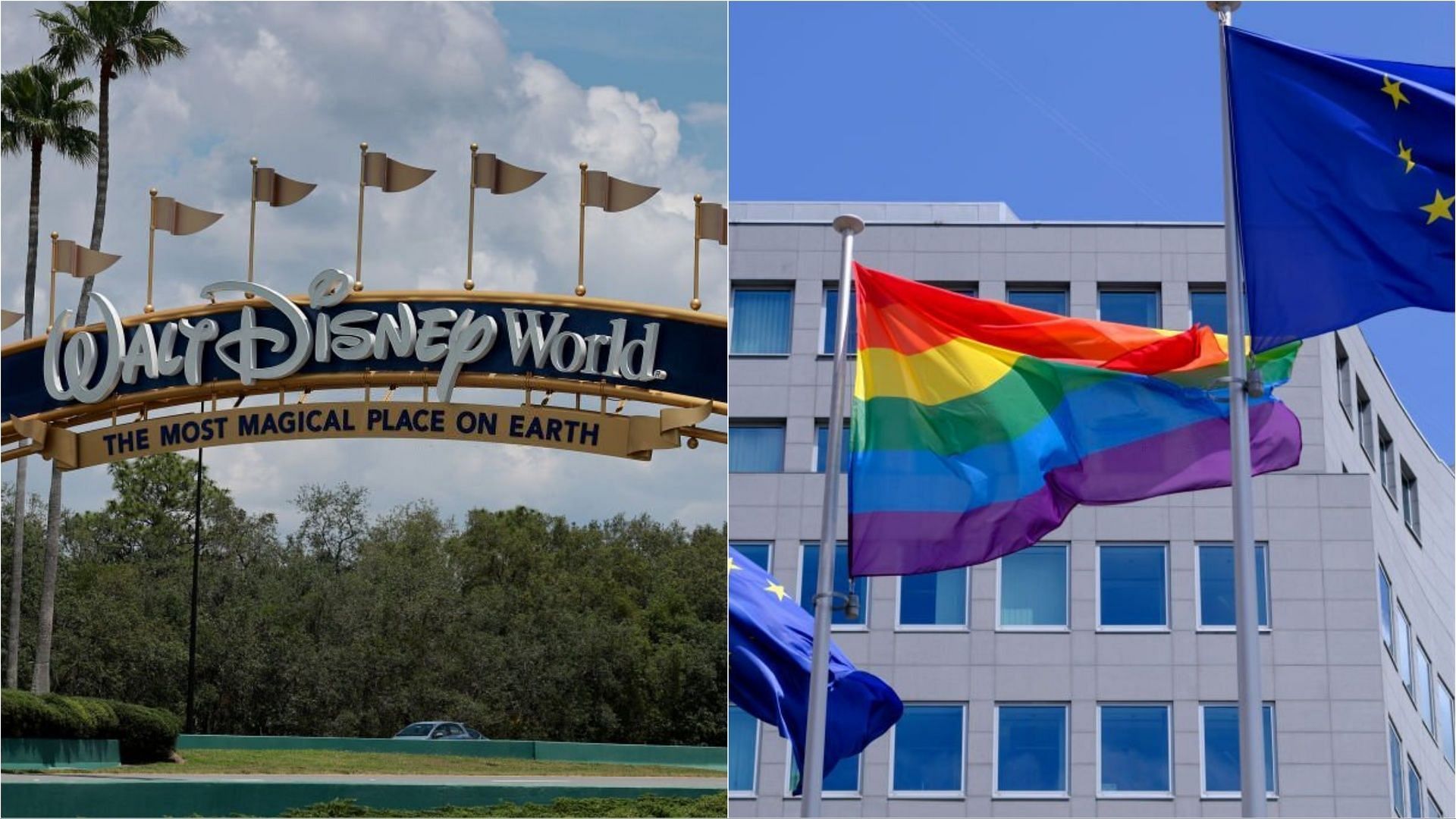Disney World is reportedly replacing American flags with Pride flags (Images via Joe Raedle and Thierry Monasse/Getty Images)