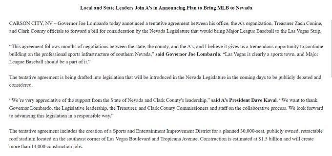 Athletics reach new agreement to develop Las Vegas site for new