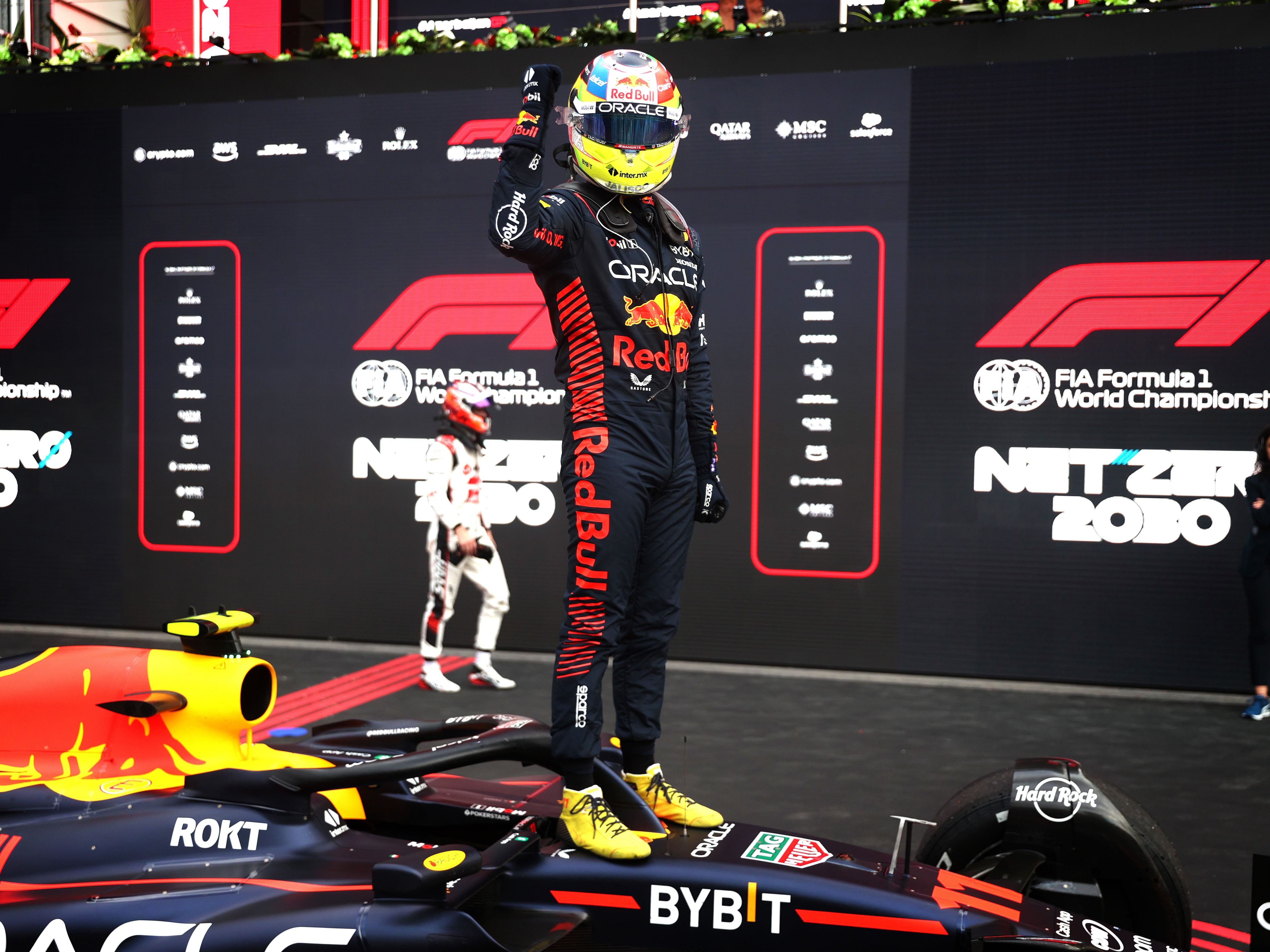 F1 Grand Prix of AzerbaijanSergio Perez celebrates in parc ferme during the 2023 F1 Azerbaijan Grand Prix. (Photo by Alex Pantling/Getty Images)