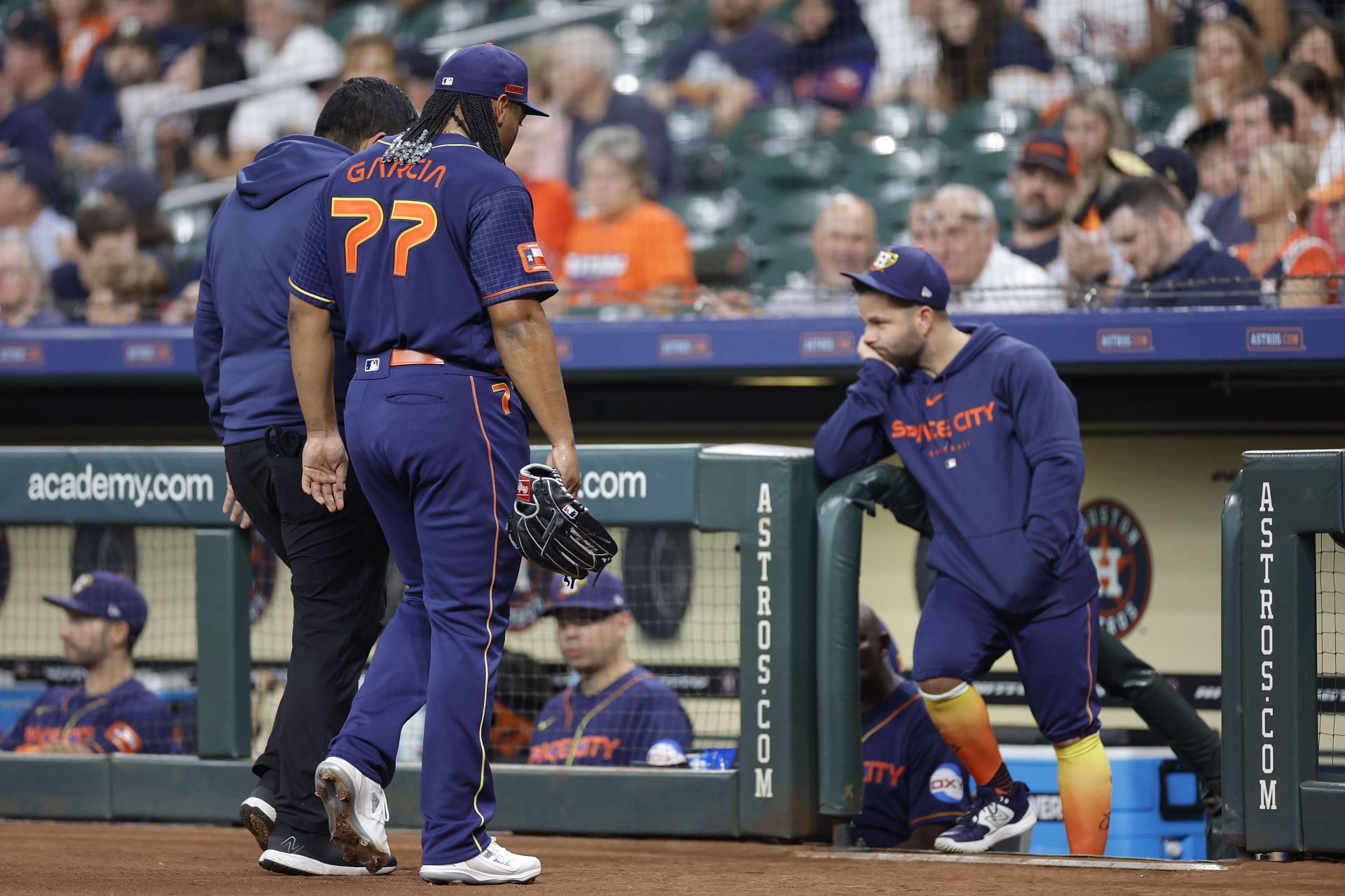 Luis Garcia of the Houston Astros exits the game during the first inning against the San Francisco Giants