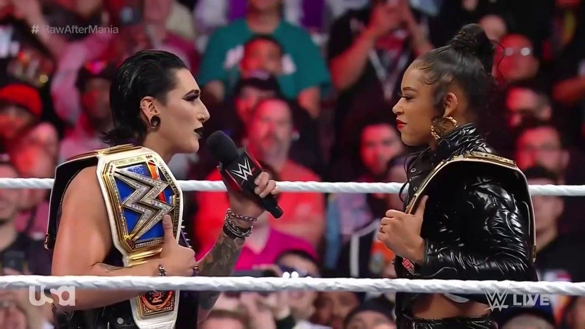 Rhea Ripley and Bianca Belair during a segment on Raw.
