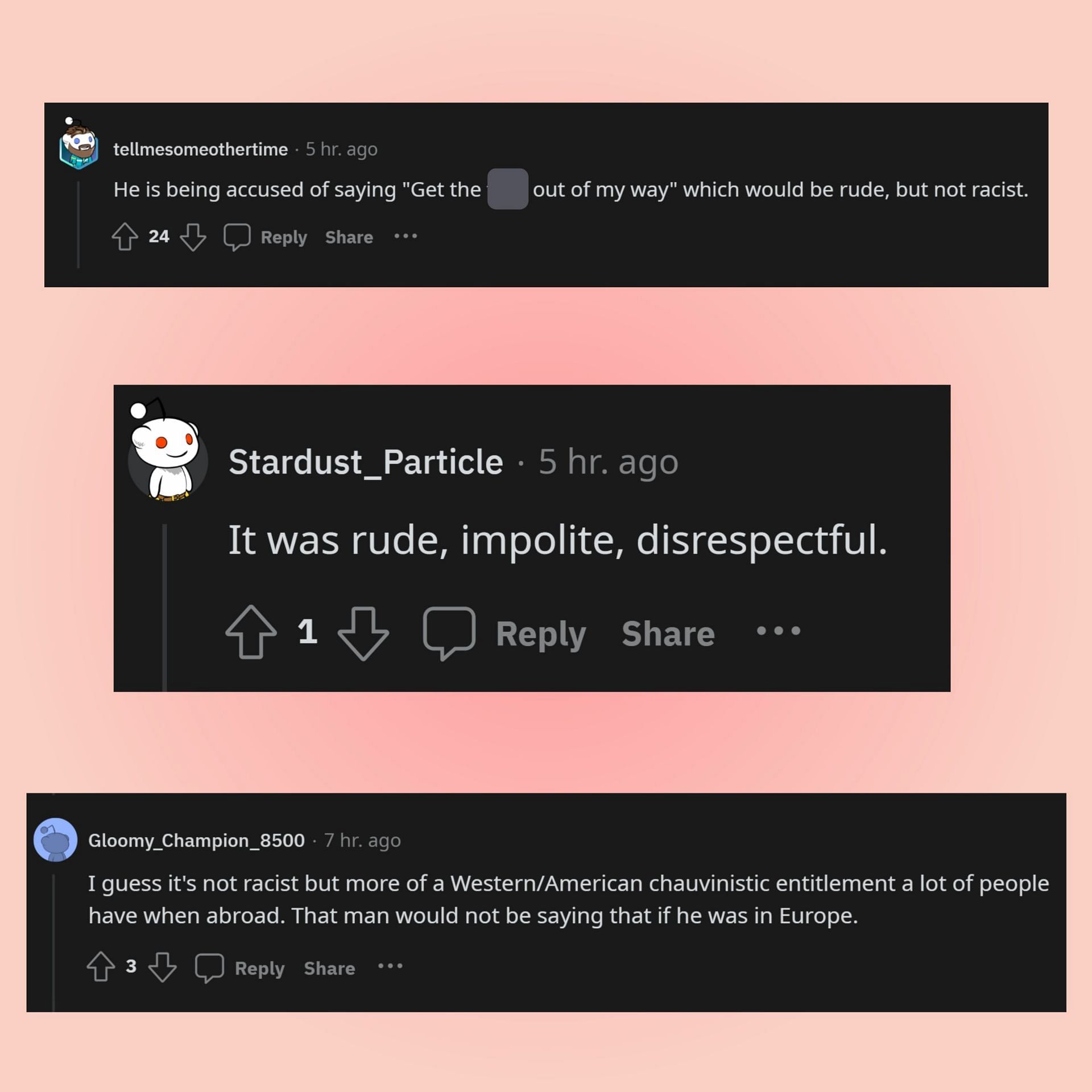 Redditors called the American man, "rude". (Image via Reddit)