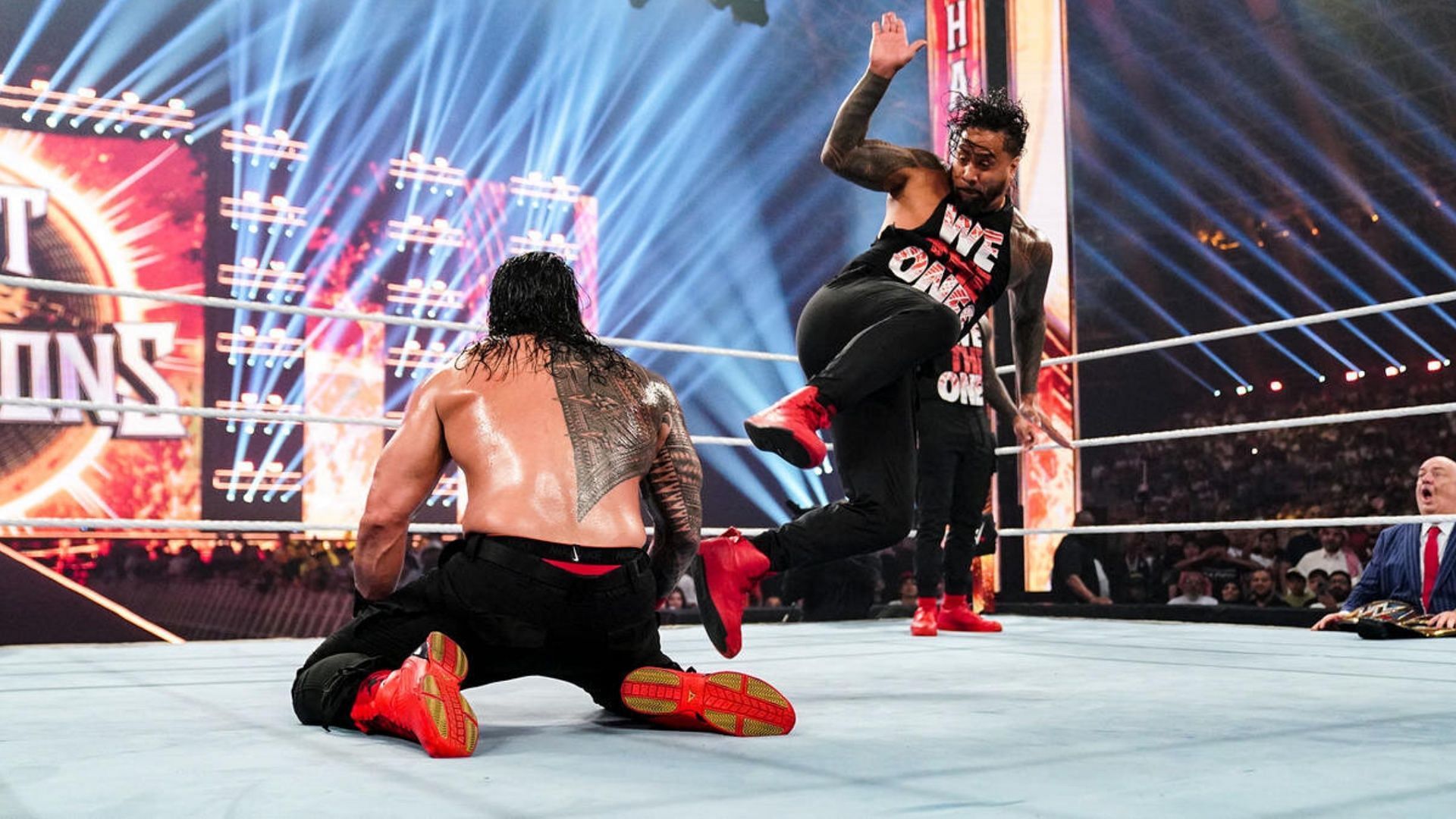 Jimmy Uso delivers a superkick to Roman Reigns at WWE Night of Champions 2023.