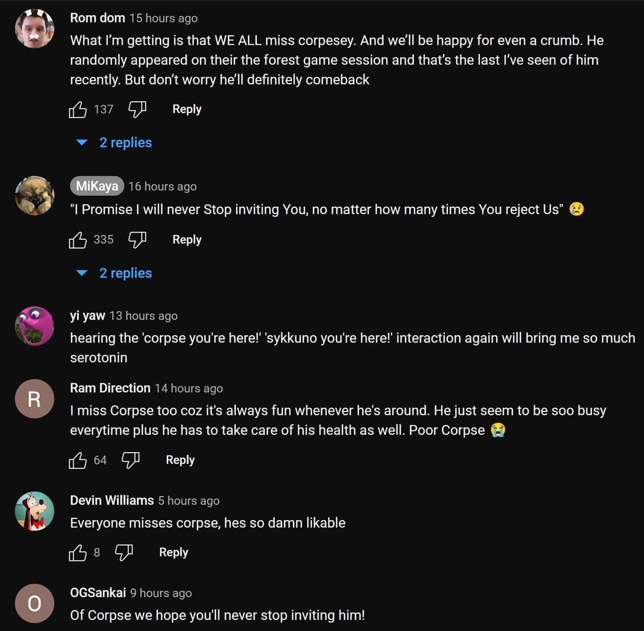 Fans sharing their thoughts on Valkyrae and Sykkuno&#039;s update regarding Corpse Husband (Image via MiKaya/YouTube)