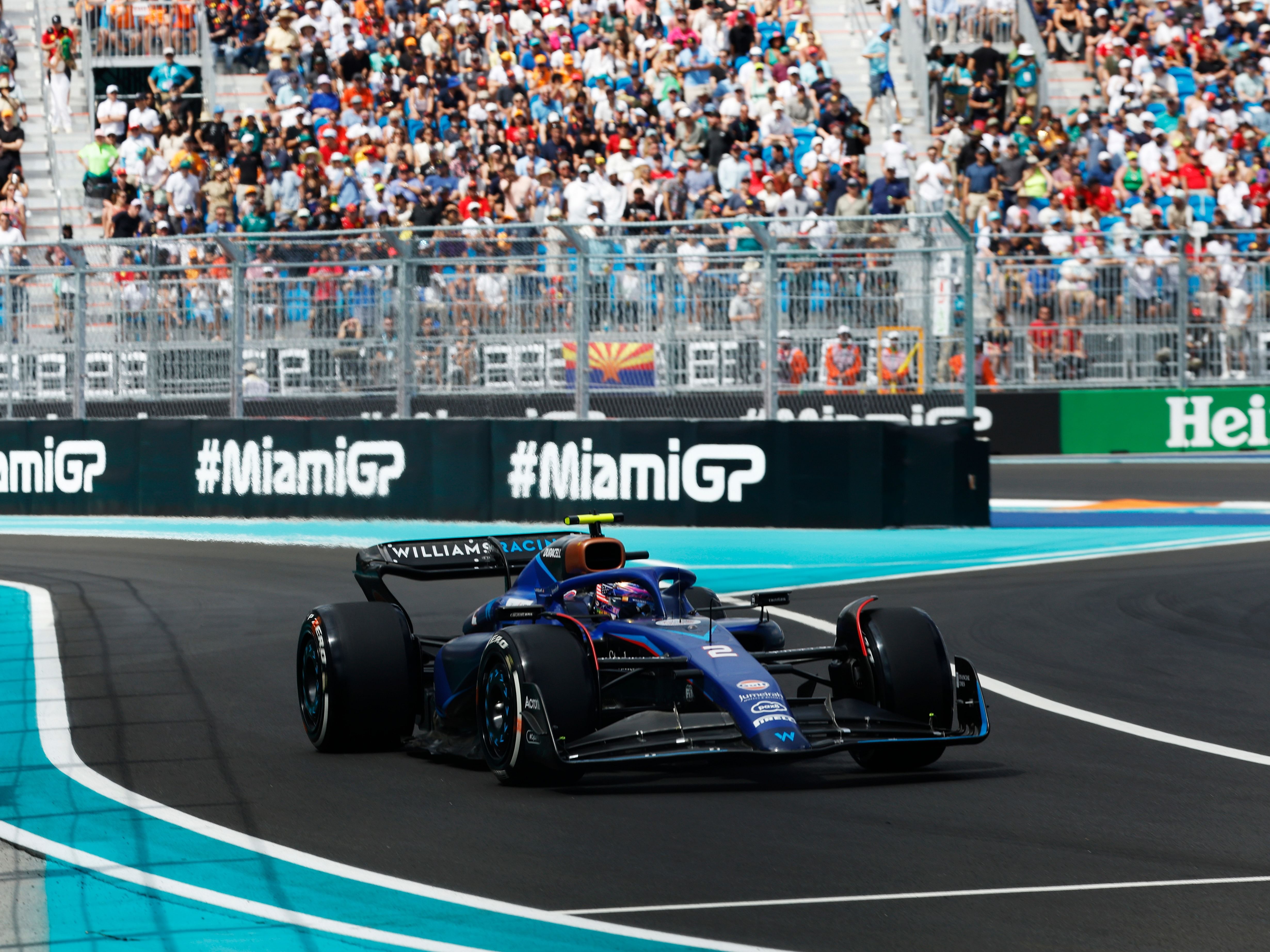 Logan Sargeant of United States driving the (2) Williams FW45 Mercedes exits pit lane during the F1 Grand Prix of Miami at Miami International Autodrome on May 07, 2023 in Miami, Florida. (Photo by Chris Graythen/Getty Images)