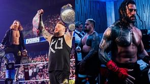 Roman Reigns reacts after he and Solo Sikoa challenge for the Undisputed Tag Team Titles at Night of Champions