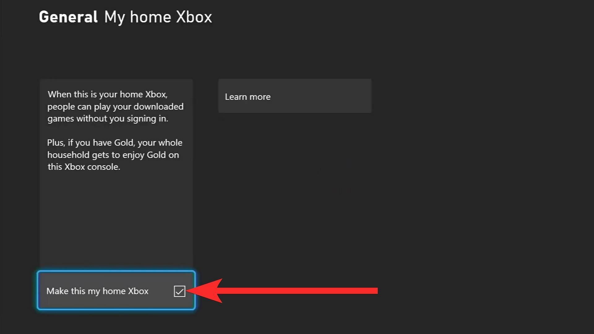 Turn on the option &quot;Make this my home Xbox&quot; to enable gameshare (Image via Xbox)