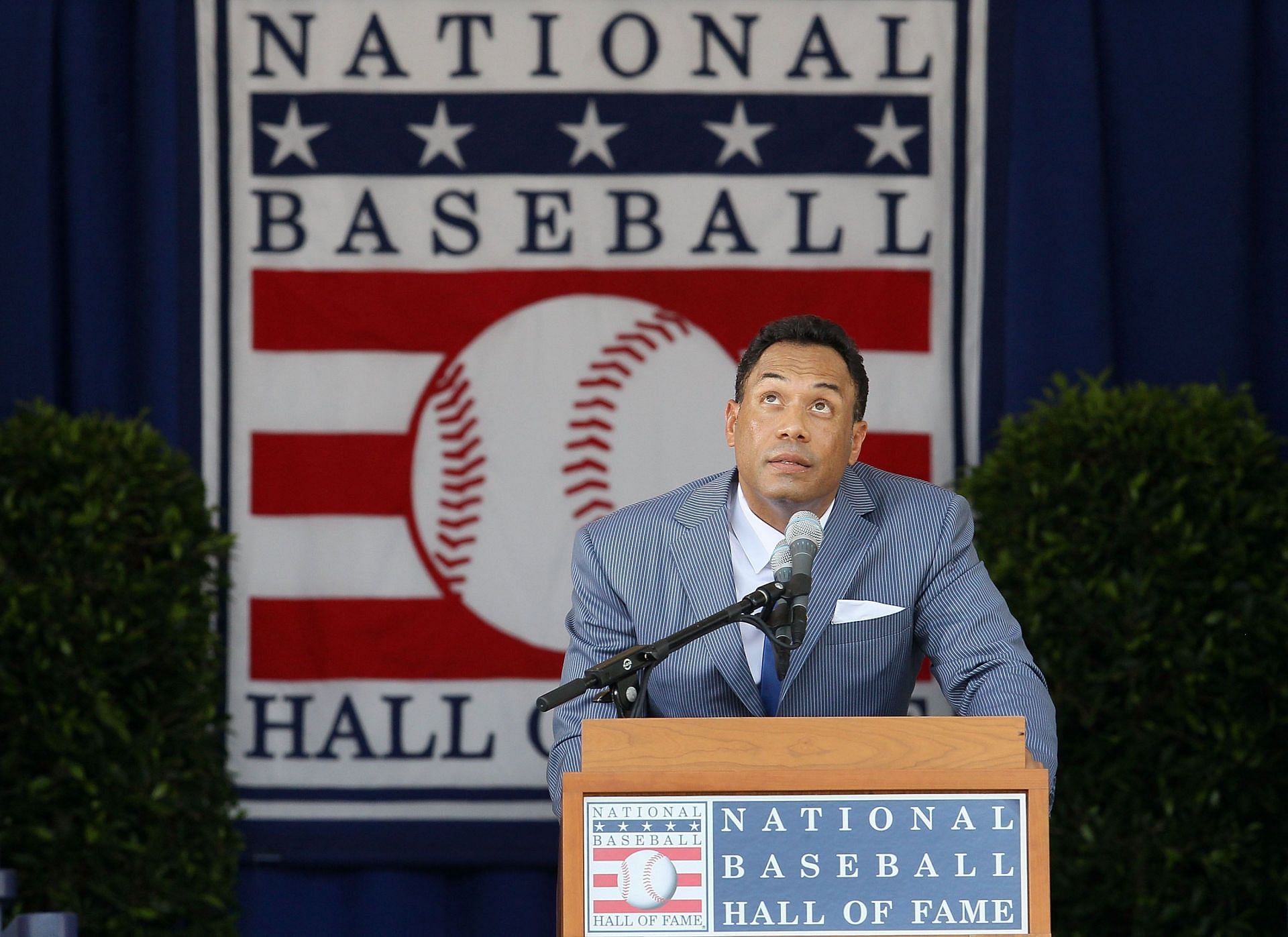 Roberto Alomar gives his speech at Clark Sports Center during the Baseball Hall of Fame induction ceremony on July 24, 2011 in Cooperstown, New York. In 17 major league seasons, Alomar tallied 2,724 hits, 210 home runs, 1,134 RBI, a .984 fielding percentage, and a .300 batting average. (Photo by Jim McIsaac/Getty Images)