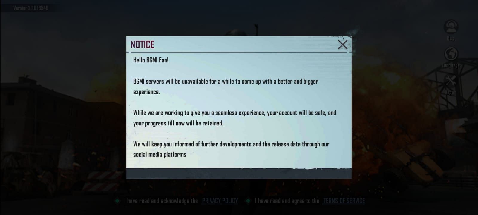The message shared by developers for taking the Battlegrounds Mobile India servers offline (Image via Krafton)