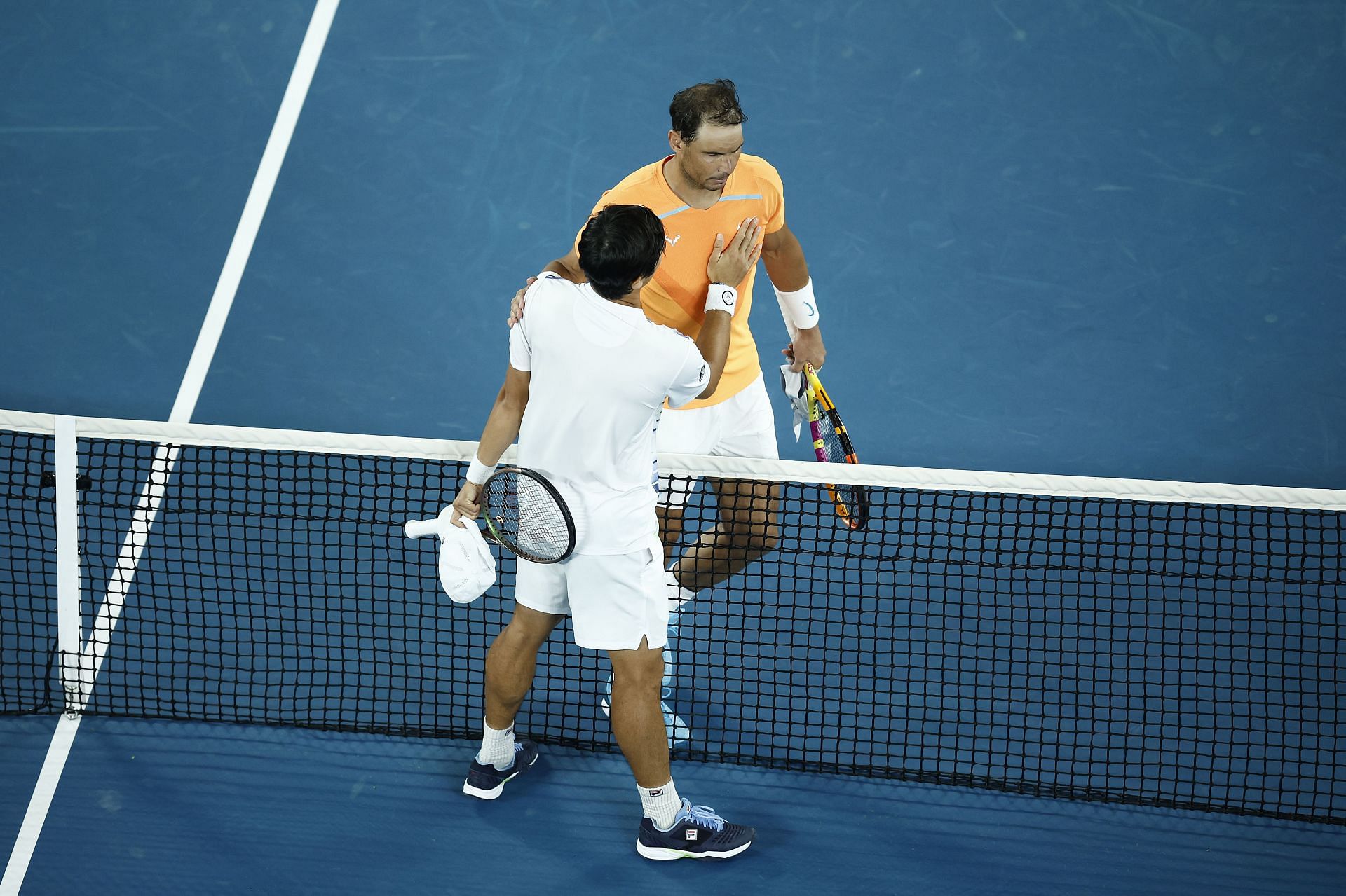 2023 Australian Open - Day 3 Rafael Nadal of Spain shakes hands with Mackenzie McDonald of the United States after losing their second-round singles match during the 2023 Australian Open