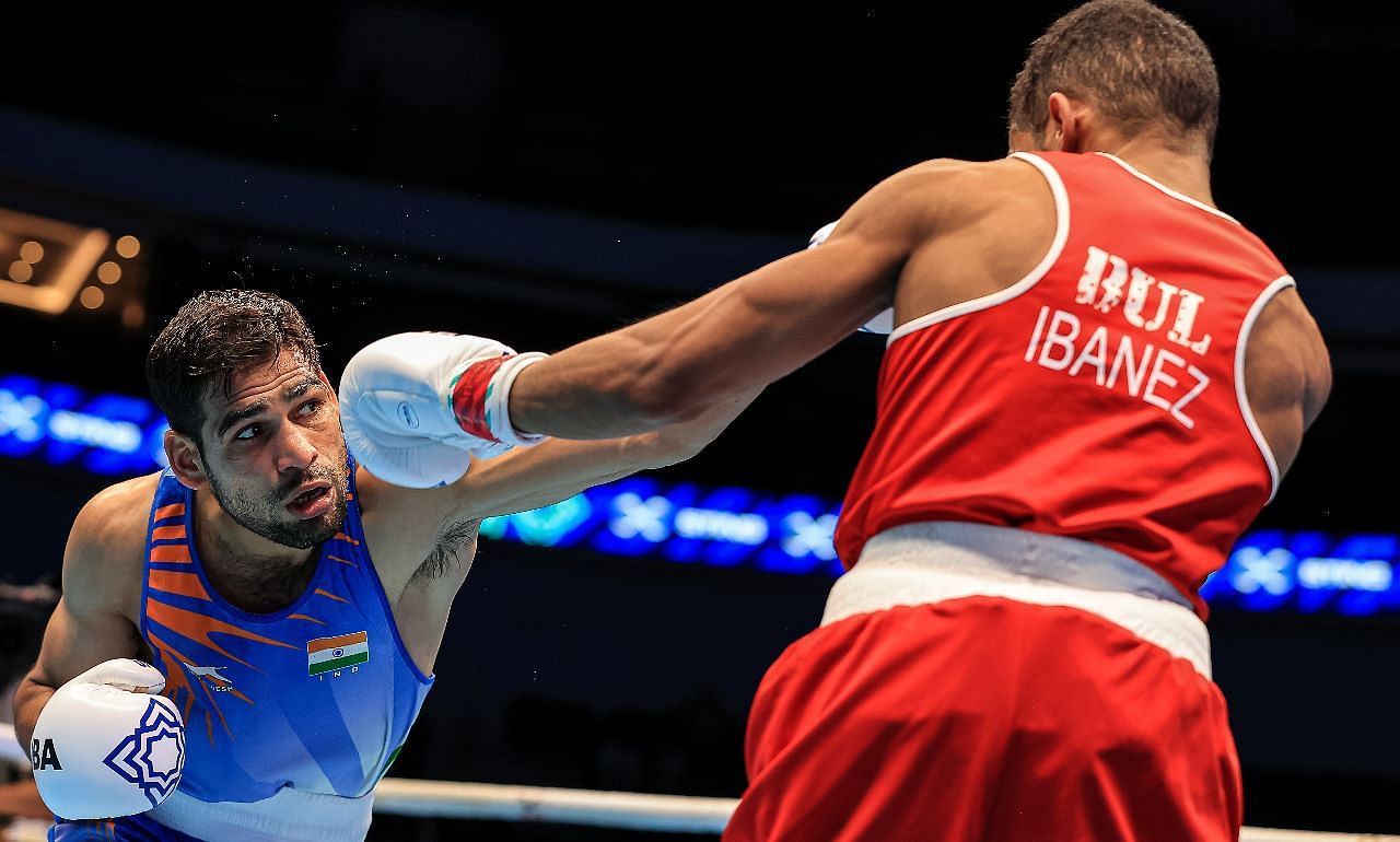 Mohd Hussamuddin during his 57kg quarterfinal bout at the World Boxing Championship in Tashkent. Photo credit: IBA 