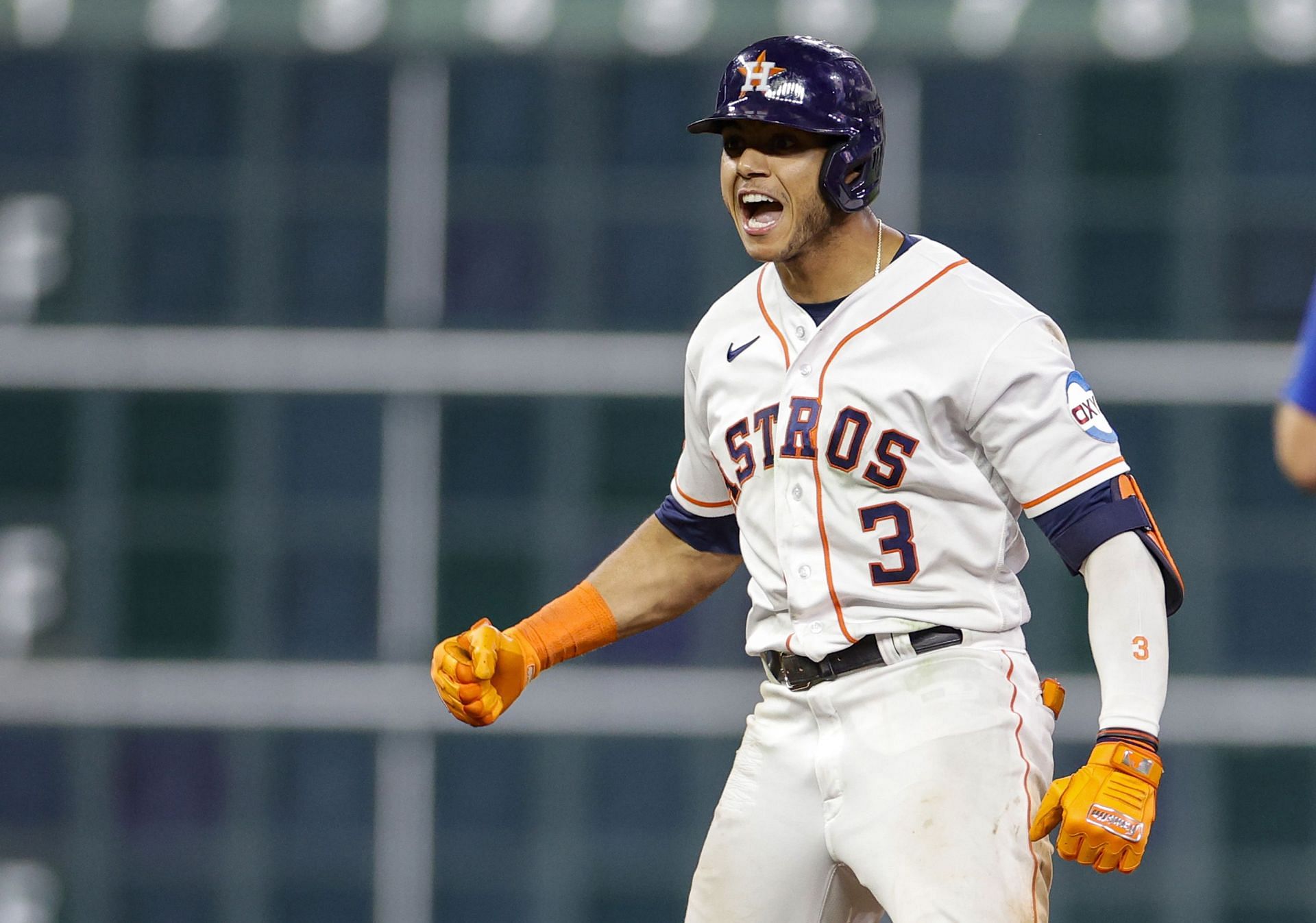 Jeremy Pena #3 of the Houston Astros reacts to hitting a double in the ninth inning vs. the Chicago Cubs
