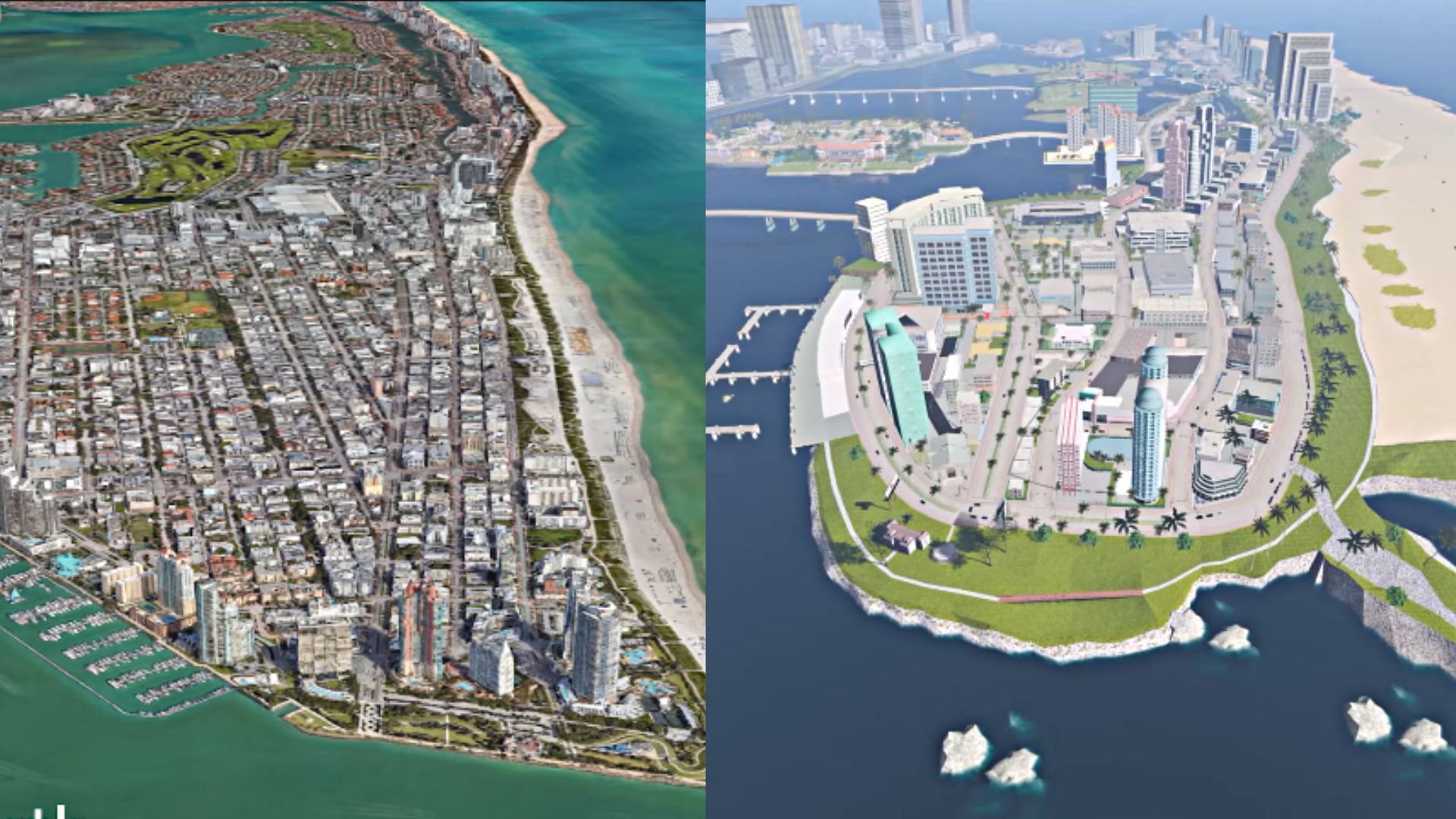 Real-life Miami vs. Vice City (image via YouTube/RacingCarGames)