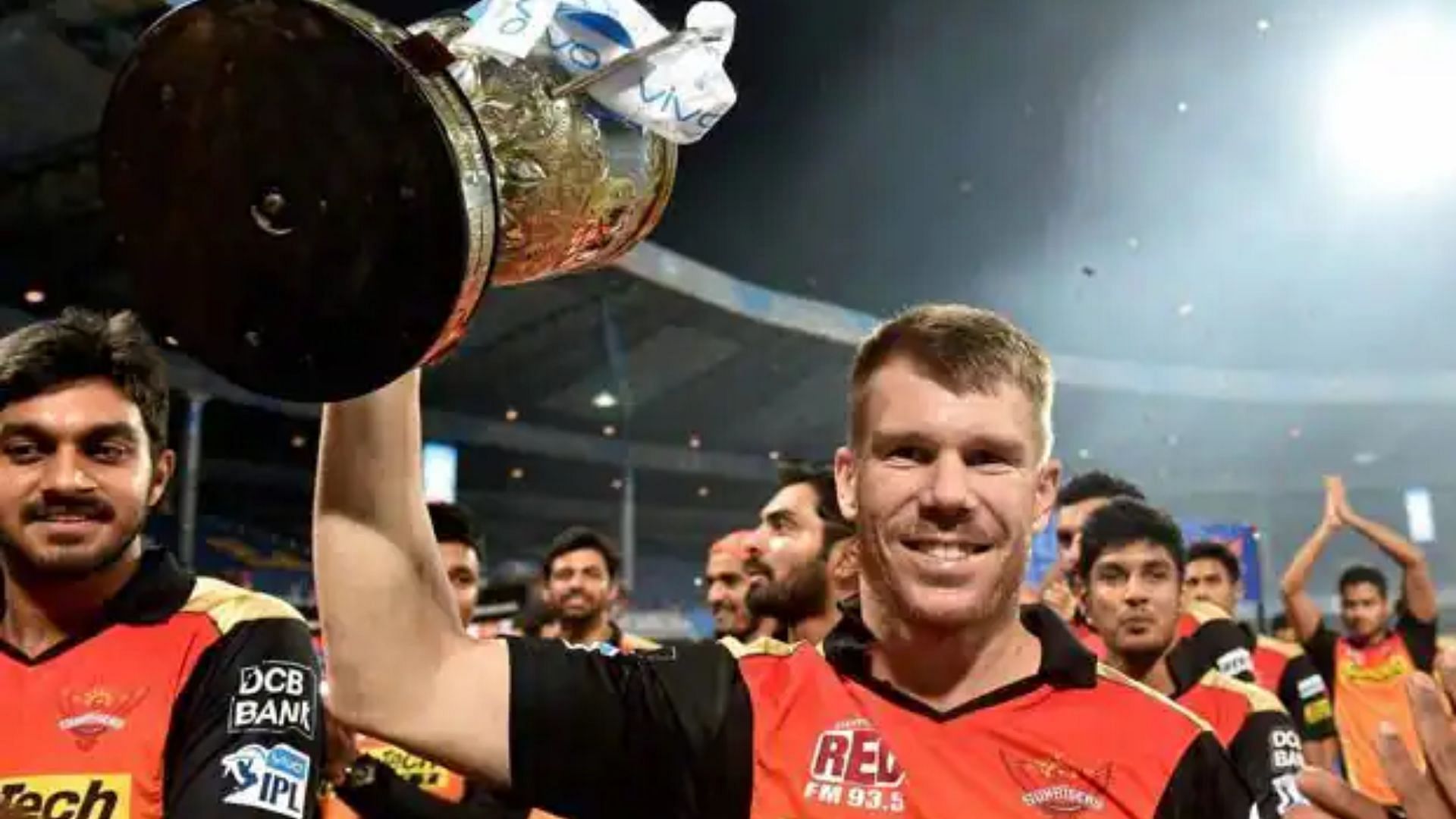 David Warner with the IPL trophy after winning the title in 2016 (P.C.:Twitter)