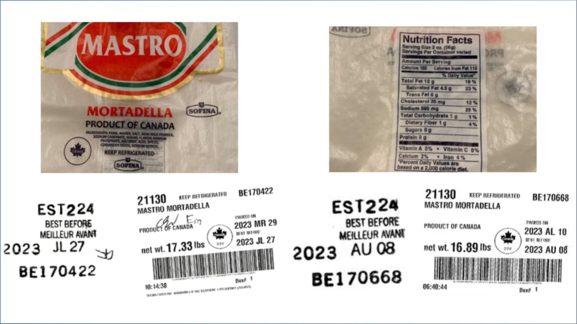 Sofina ReadyToEat Mortadella Deli Meat Recall reason, product codes