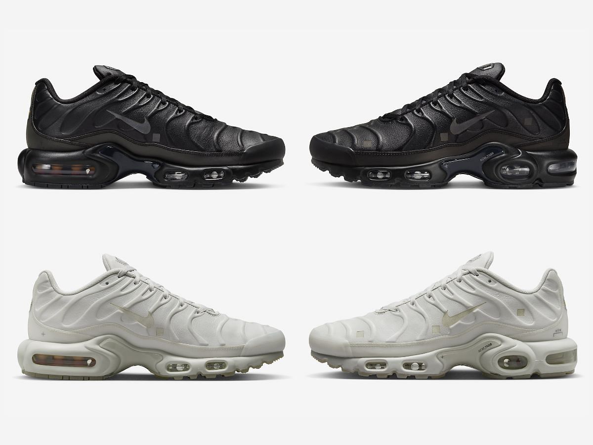The upcoming A-Cold-Wall* x Nike Air Max Plus sneaker pack will be released in &quot;Black&quot; and &quot;Platinum Tint&quot; colorways (Image via Sportskeeda)
