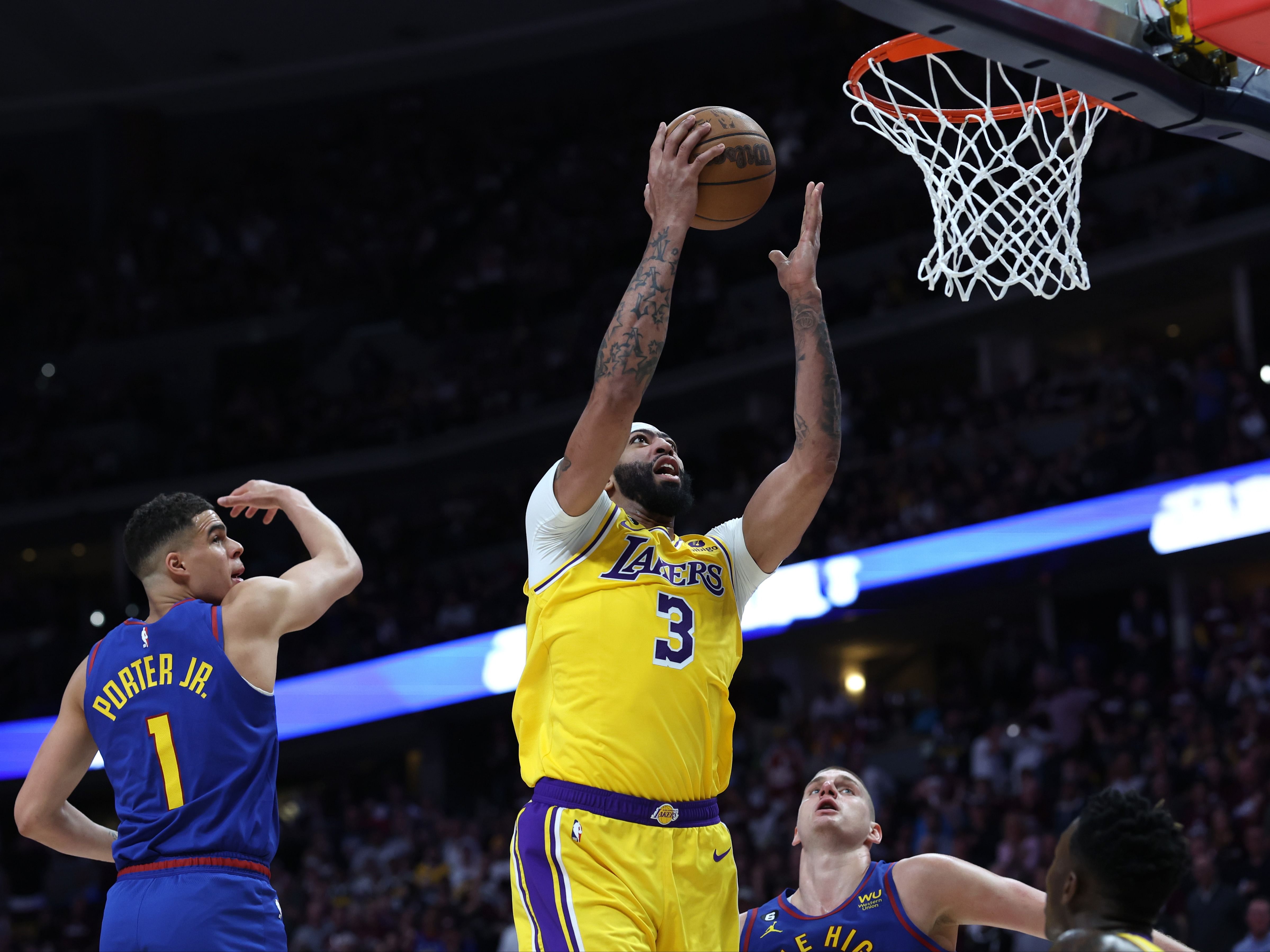 Anthony Davis in action for the Los Angeles Lakers v Denver Nuggets - Game One