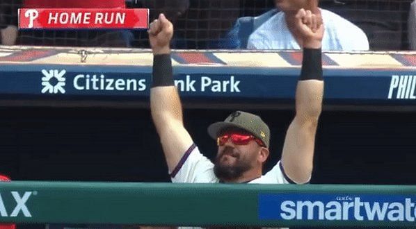 Philadelphia Phillies - Kyle Schwarber and Bryson Stott doing their  handshake thing after Schwarber's home run. They are wearing the powder  blue Phillies uniform.