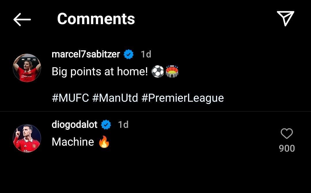 Diogo Dalot&#039;s comment on Marcel Sabitzer&#039;s Instagram post.