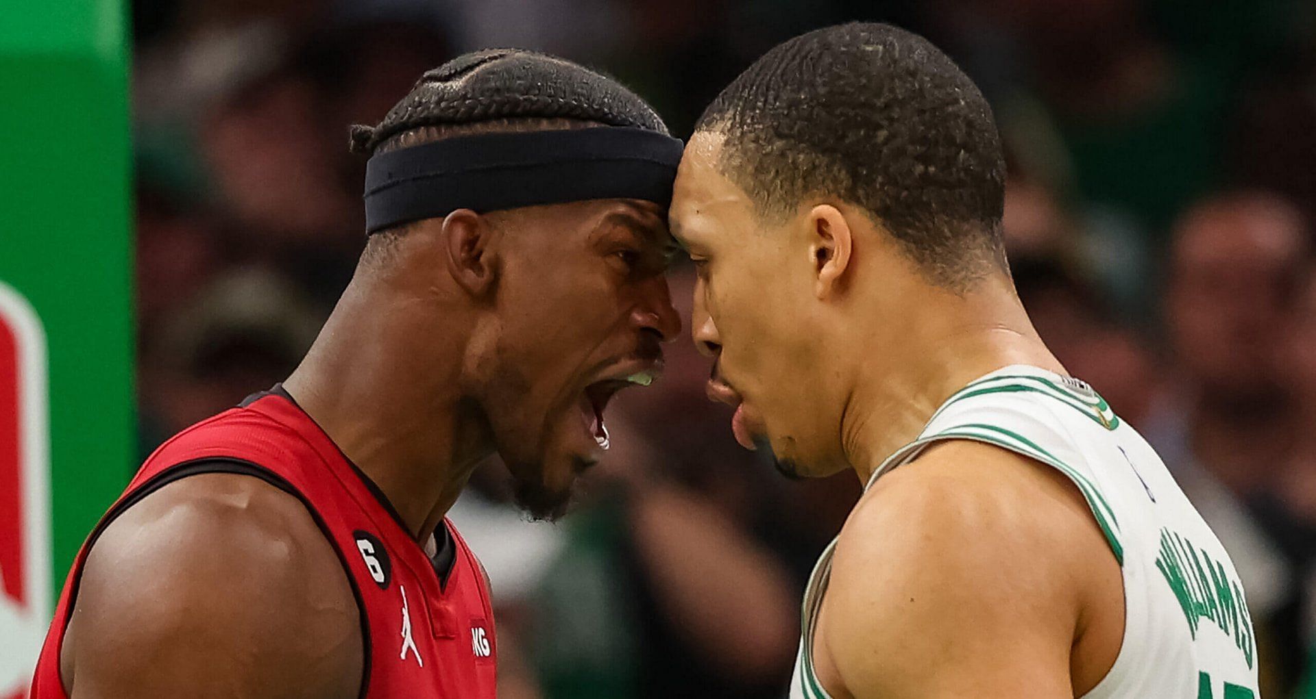 Miami Heat superstar forward Jimmy Butler and Boston Celtics reserve wing Grant Williams engaging in a fourth-quarter altercation during Game 2 of the Heat and Celtics&#039; Eastern Conference finals series