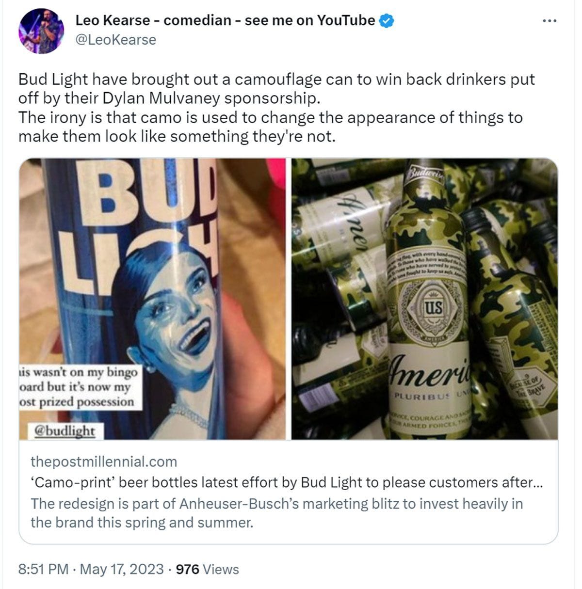 "Do a run of cans with the apology printed on it" Bud Light camo cans