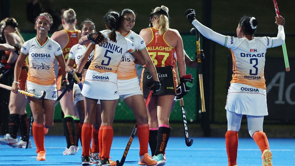 India Women celebrating a goal against Australia Women in an earlier match, Courtesy: Twitter/Hockey India