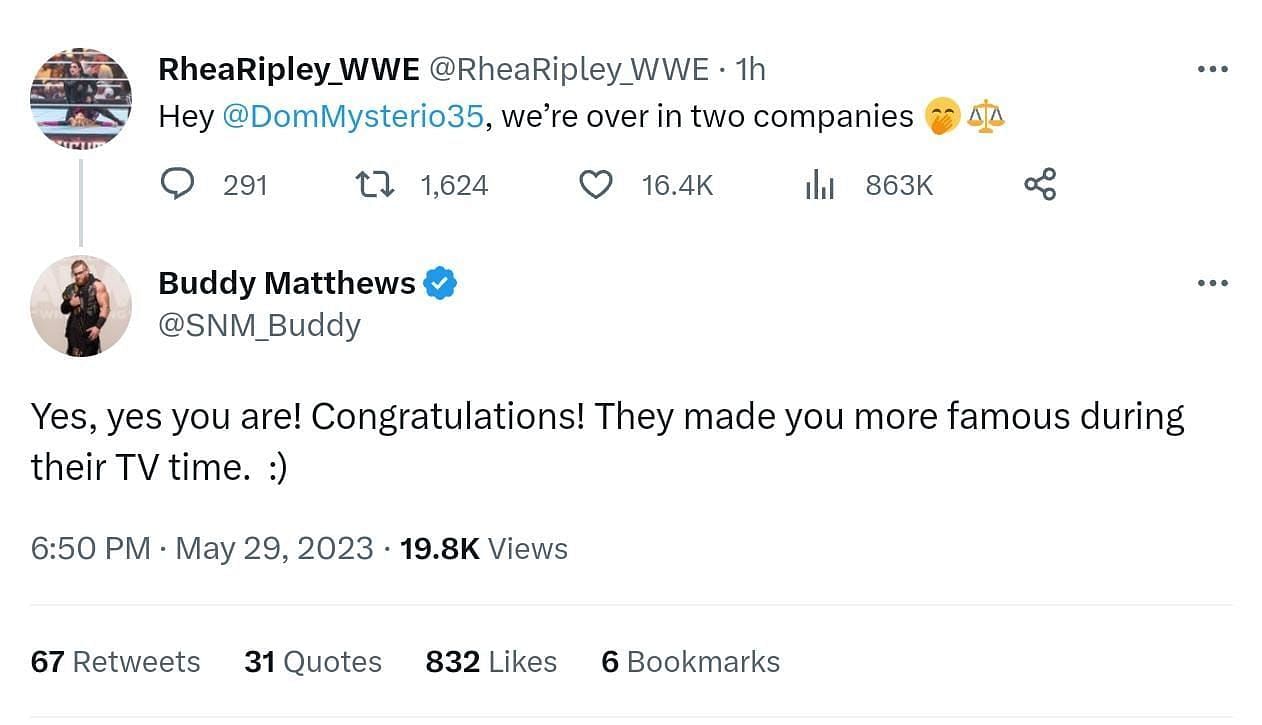 The Twitter interaction between Rhea Ripley and Buddy Matthews.