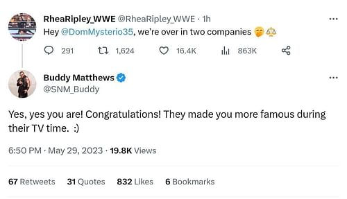 The Twitter interaction between Rhea Ripley and Buddy Matthews.