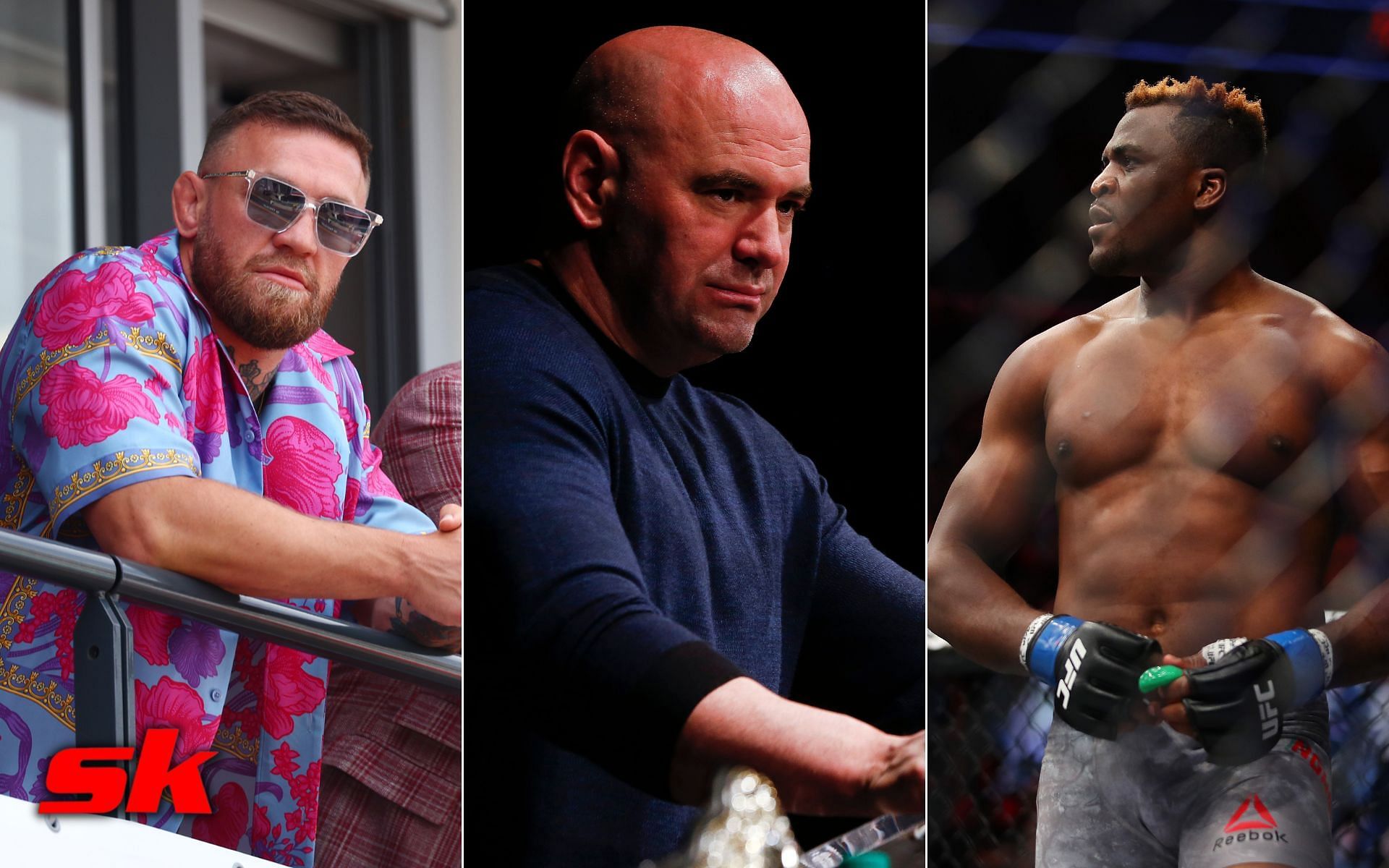 Conor McGregor (left), Dana White (center), Francis Ngannou (right)