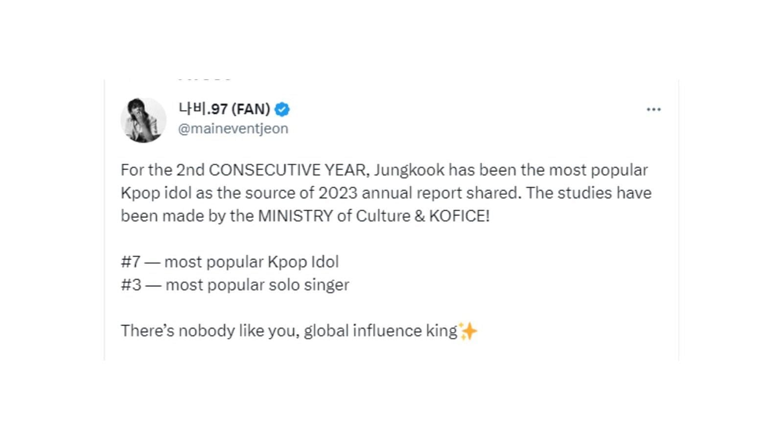 Jungkook crowned &#039;The Most Popular K-Pop Idol.&#039; (Image via Twitter/@maineventjeon)