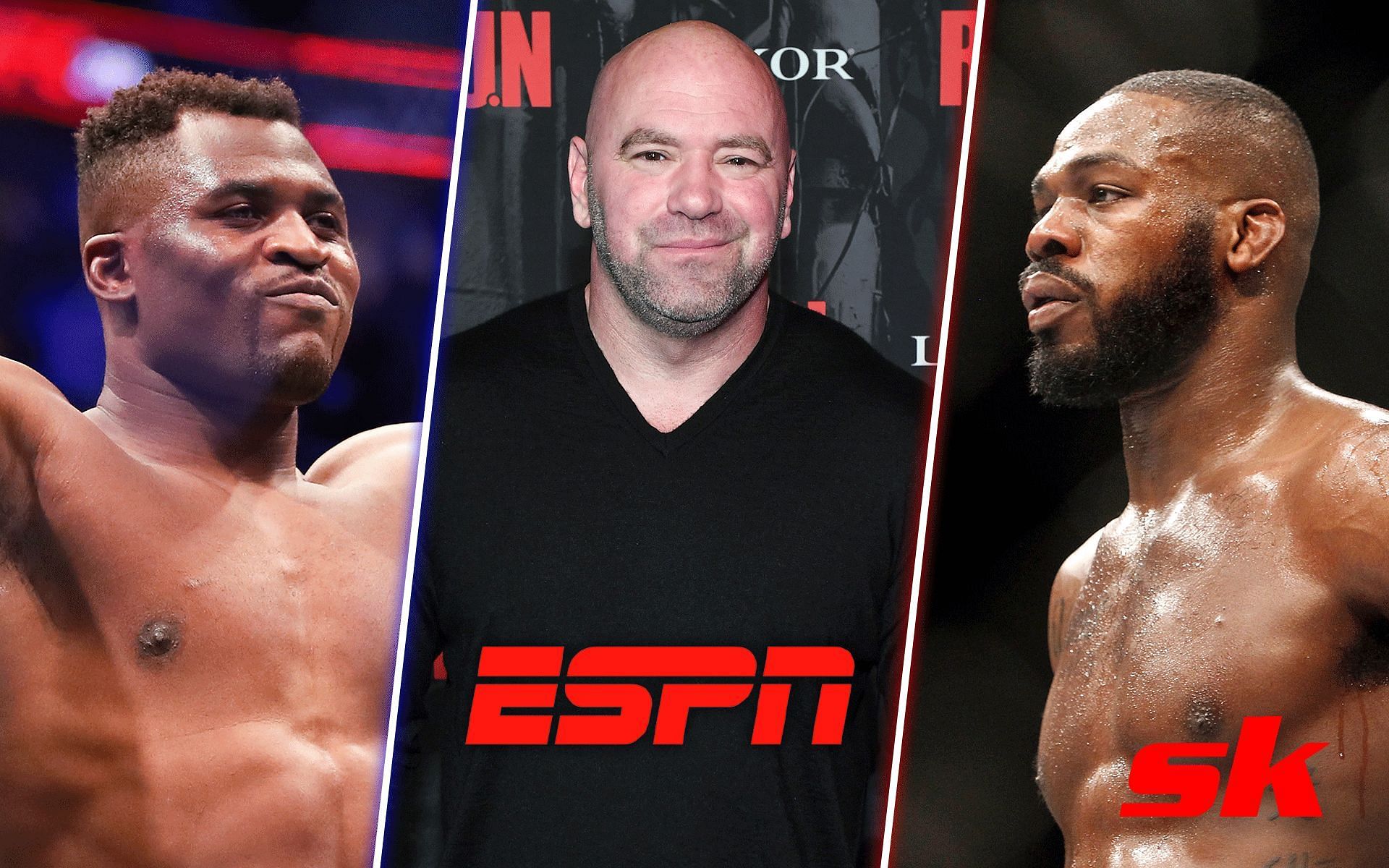 Francis Ngannou (left), Dana White and ESPN (middle) and Jon Jones (right) [Images Courtesy: @ESPN on Instagram and @GettyImages]