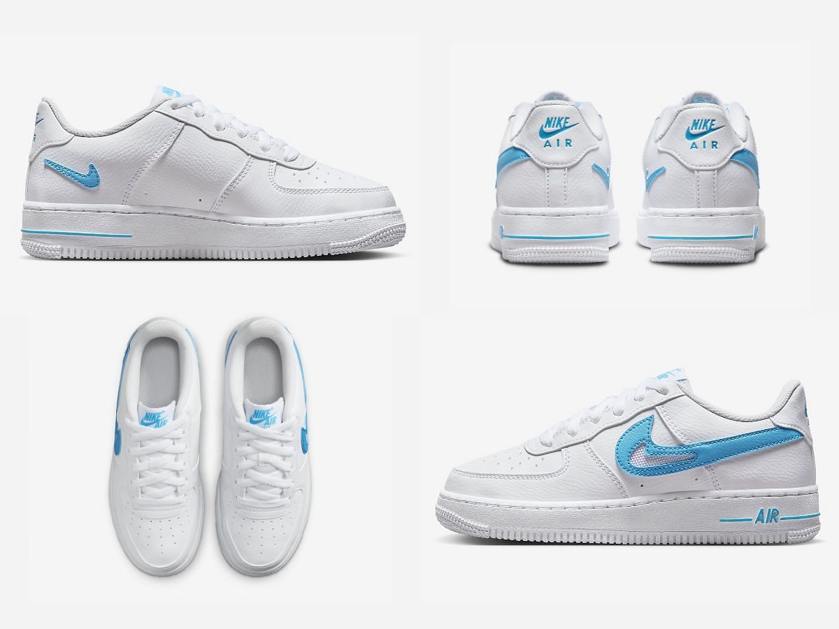 The upcoming Nike Air Force 1 Low &quot;Cut-Out&quot; sneakers come clad in a white and aqua-blue hue (Image via Sportskeeda)