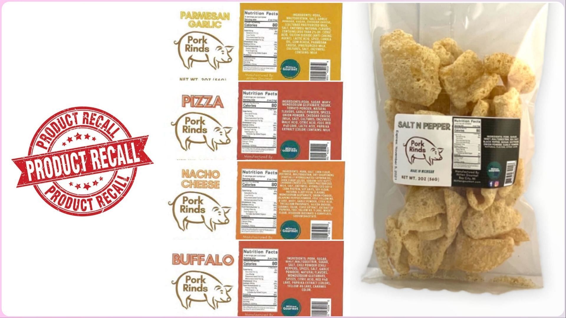 Mitten Gourmet, LLC recalls ready-to-eat pork rind products as they do not bear the USDA mark of inspection (Image via FSIS)