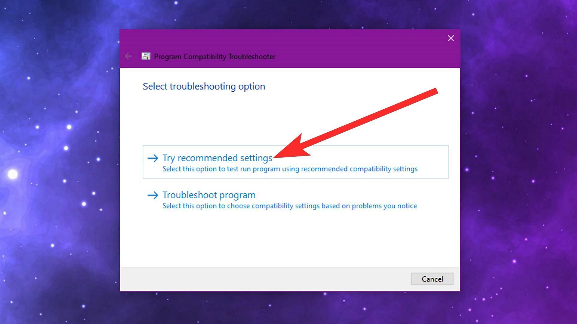 Select &ldquo;Try recommended settings&rdquo; or &quot;Troubleshoot program. (Image via Sportskeeda)