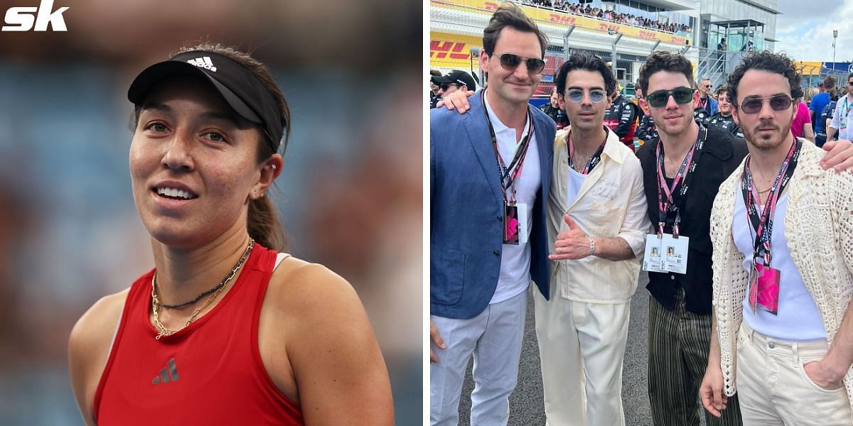 Jessica Pegula reacts to Roger Federer with the Jonas Brothers