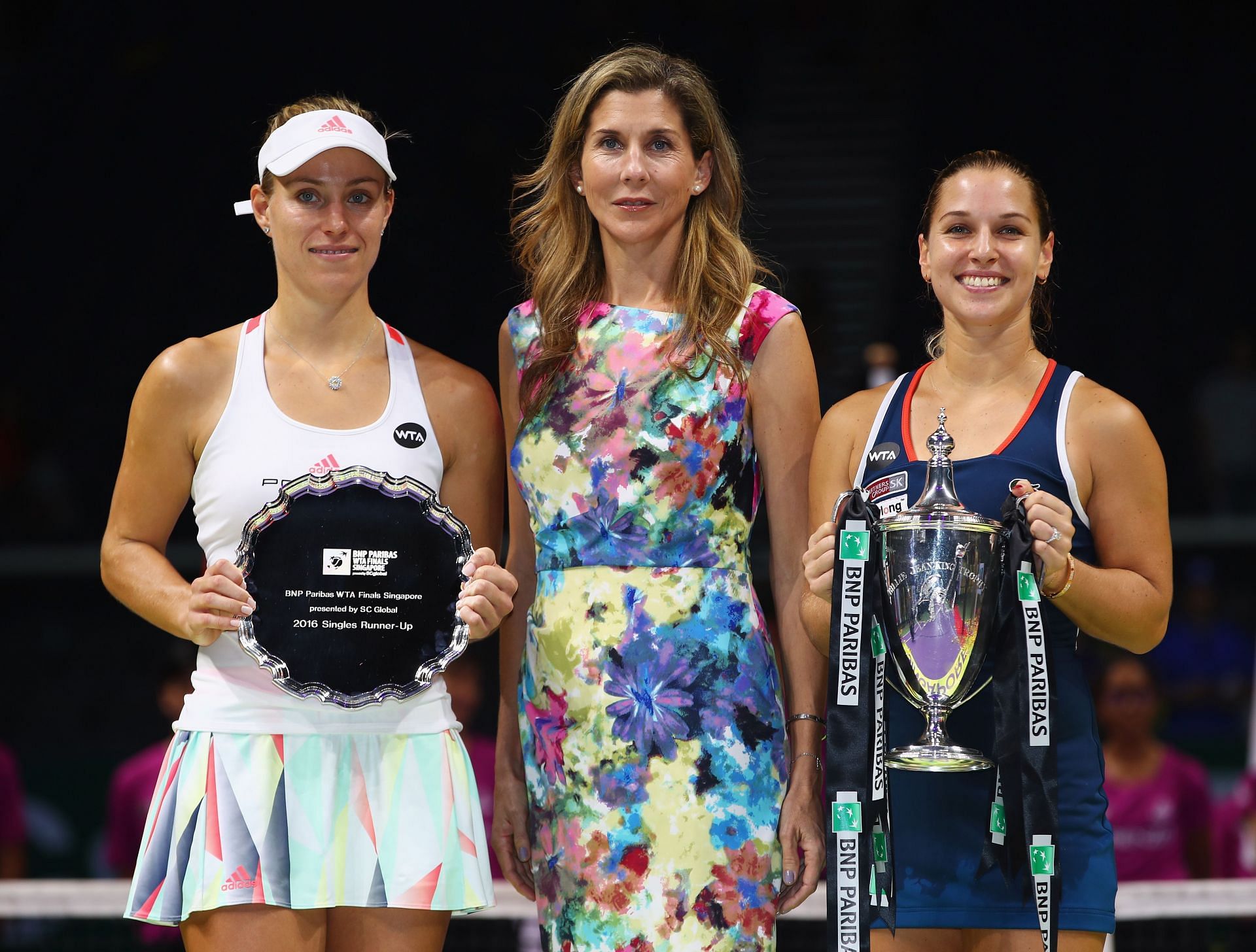 Monica Seles with the 2016 WTA Finals finalists Dominika Cibulkova and Angelique Kerber