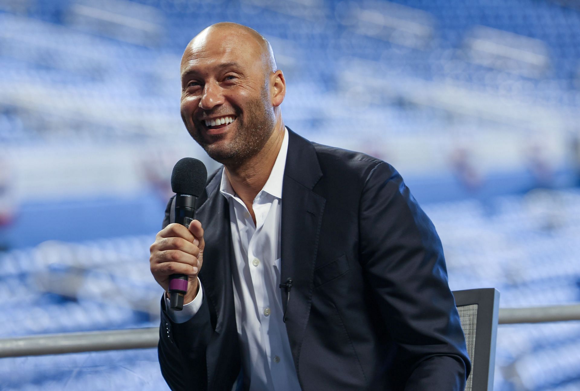 CEO of the Miami Marlins Derek Jeter speaks to the media to announce loanDepot as the exclusive naming rights partner for loanDepot park, formerly known as Marlins Park, on March 31, 2021 in Miami, Florida