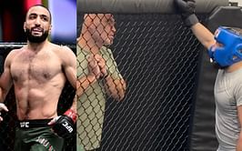Belal Muhammad reacts to being cornered by Cain Velasquez during sparring
