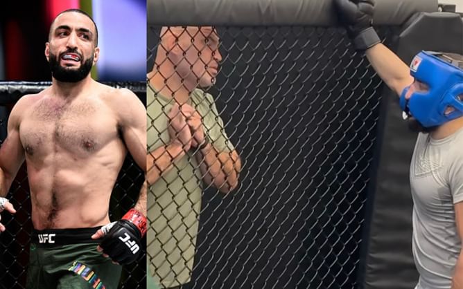 Belal Muhammad reacts to being cornered by Cain Velasquez during sparring