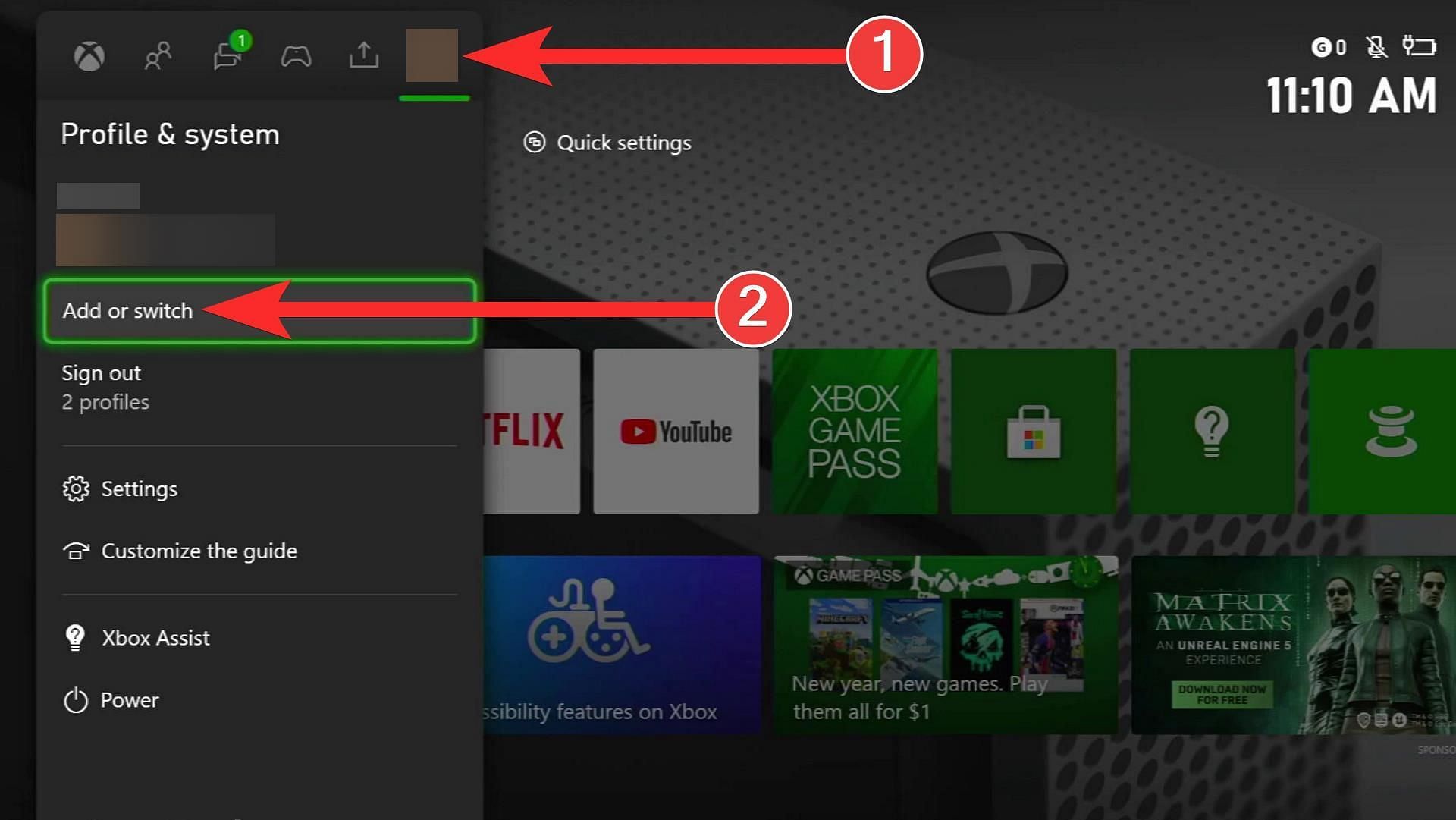 Go to the &quot;Profile&quot; tab and choose &quot;Add or switch&quot; (Image via Xbox)