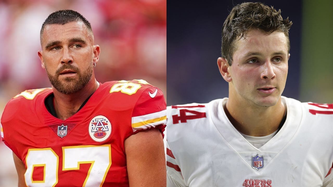 Travis Kelce is not a fan of a new rule change that might have helped Brock Purdy and the 49ers - images via Getty