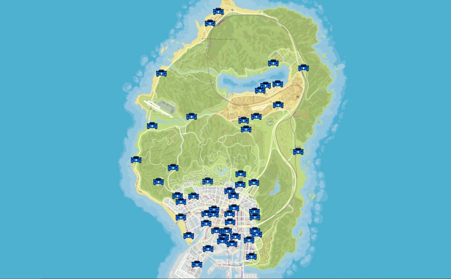 The first 50 cars&#039; locations where the player may find a car (Image via GTAWeb.eu)