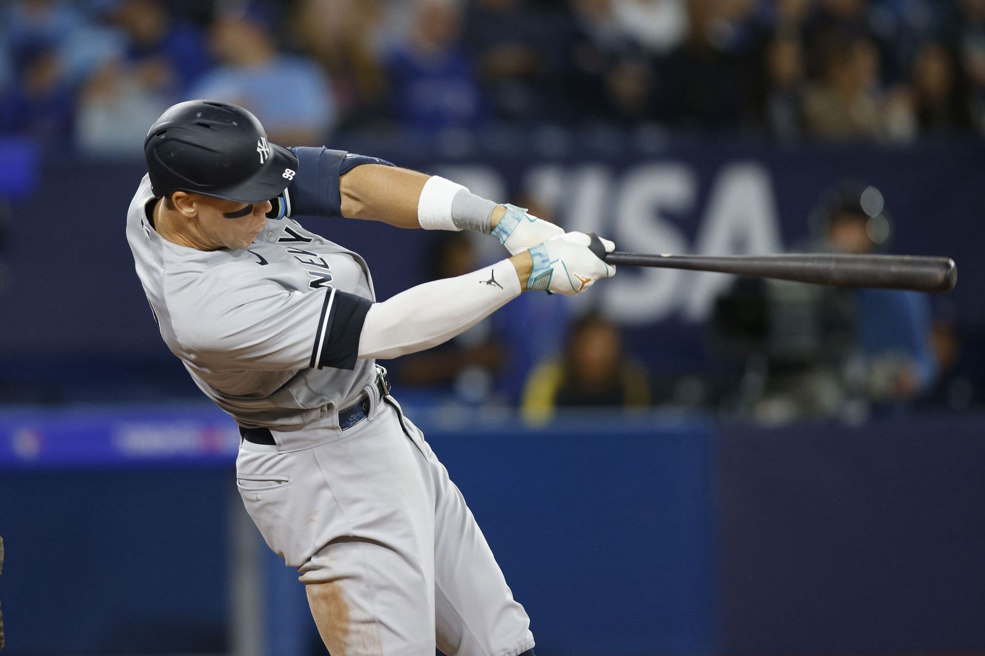 Aaron Judge of the New York Yankees hits a solo home run.