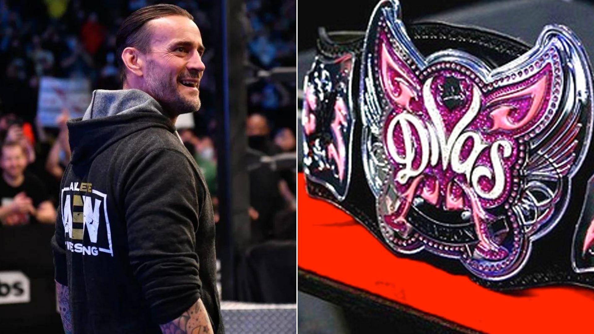 CM Punk (left), WWE Divas Championship belt (right)