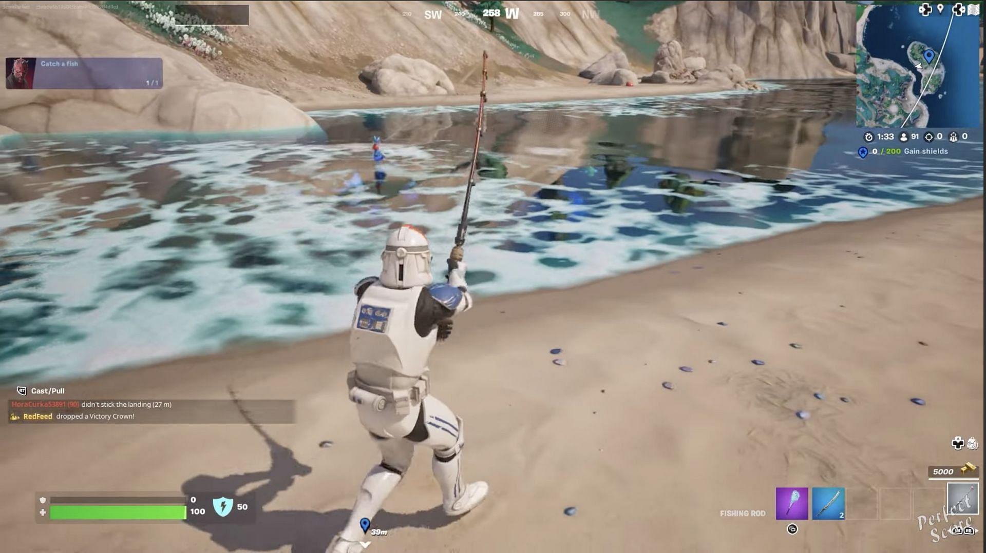 Catch a fish in Fortnite (Image via Perfect Score on YouTube)