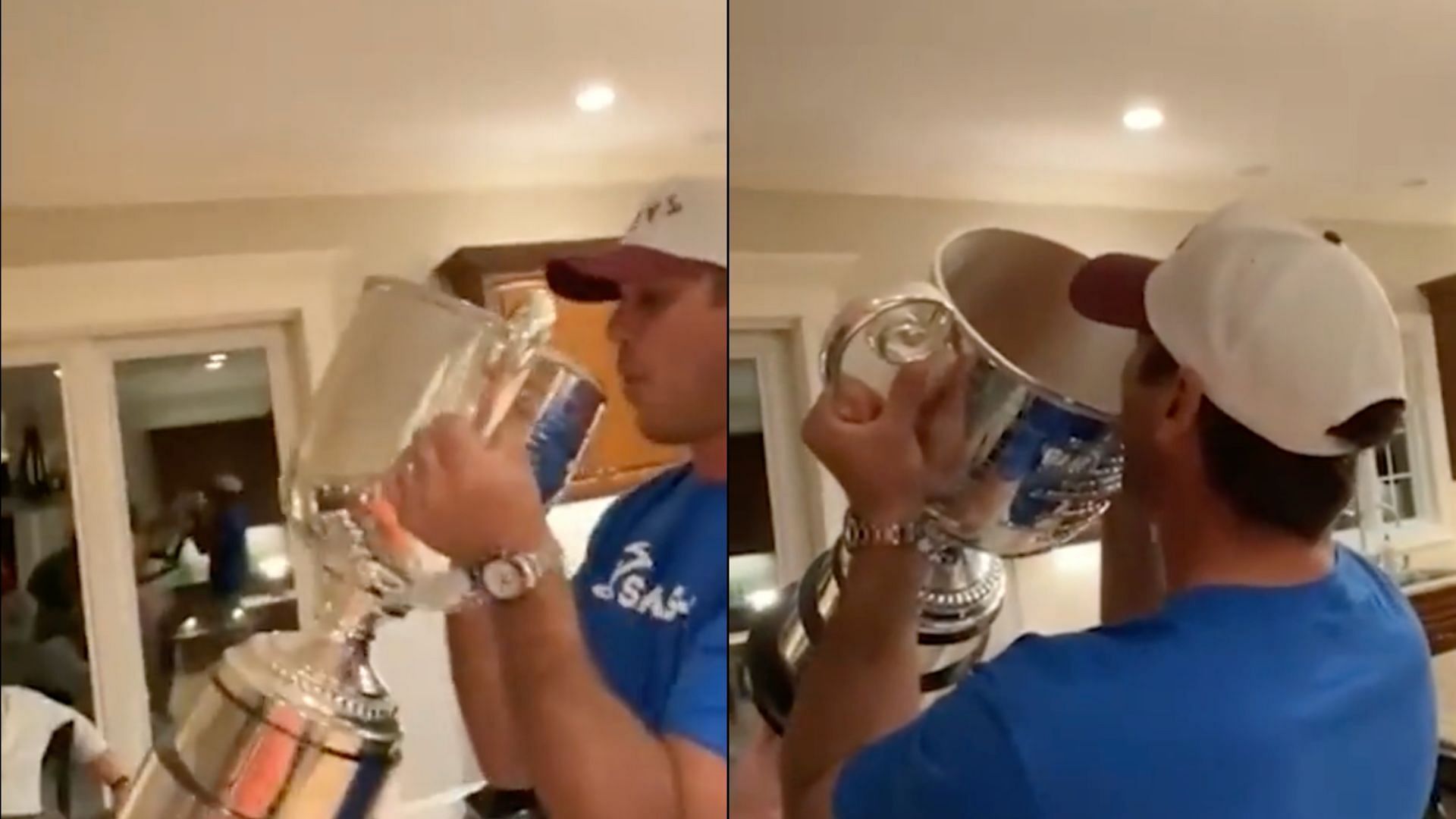 Brooks Koepka drinking beer out of the Wanamaker Trophy (Images via Twitter)