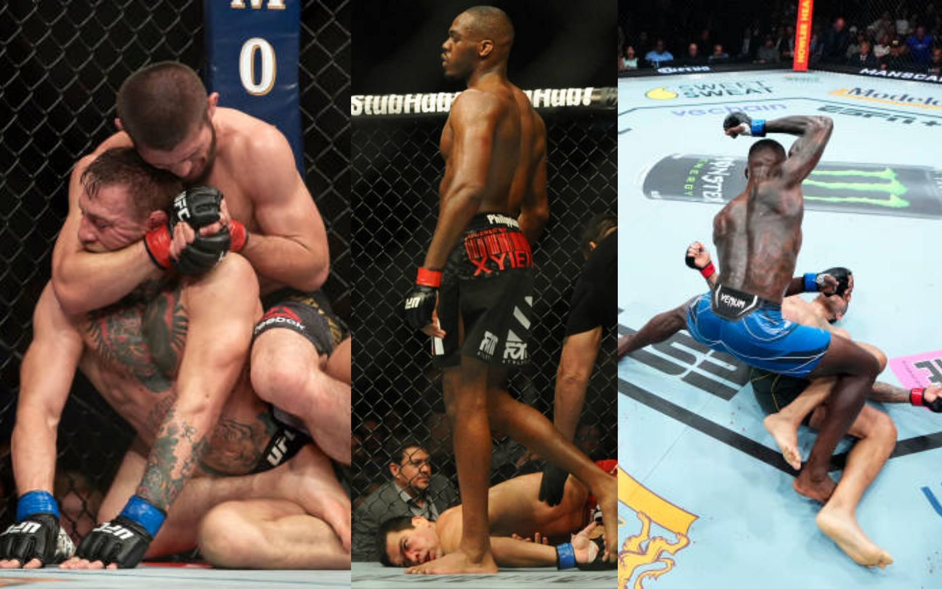 Nurmagomedov vs. McGregor (left), Jones vs. Machida (middle) and Pereira vs. Adesanya (right) 