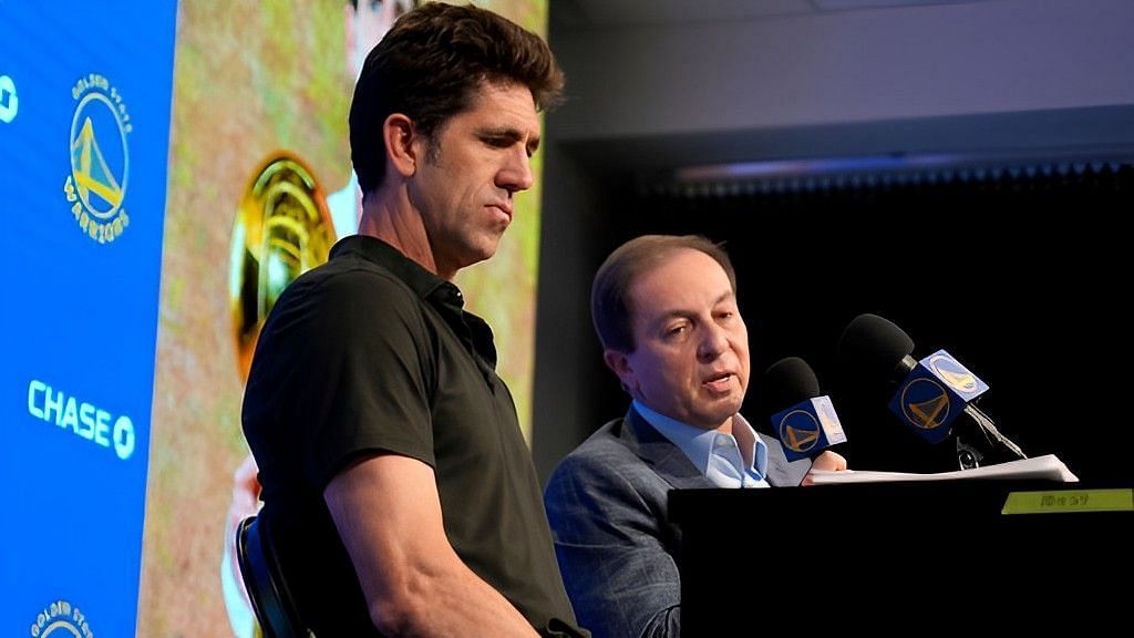 Former Golden State Warriors president and general manager Bob Myers and Warriors owner Joe Lacob