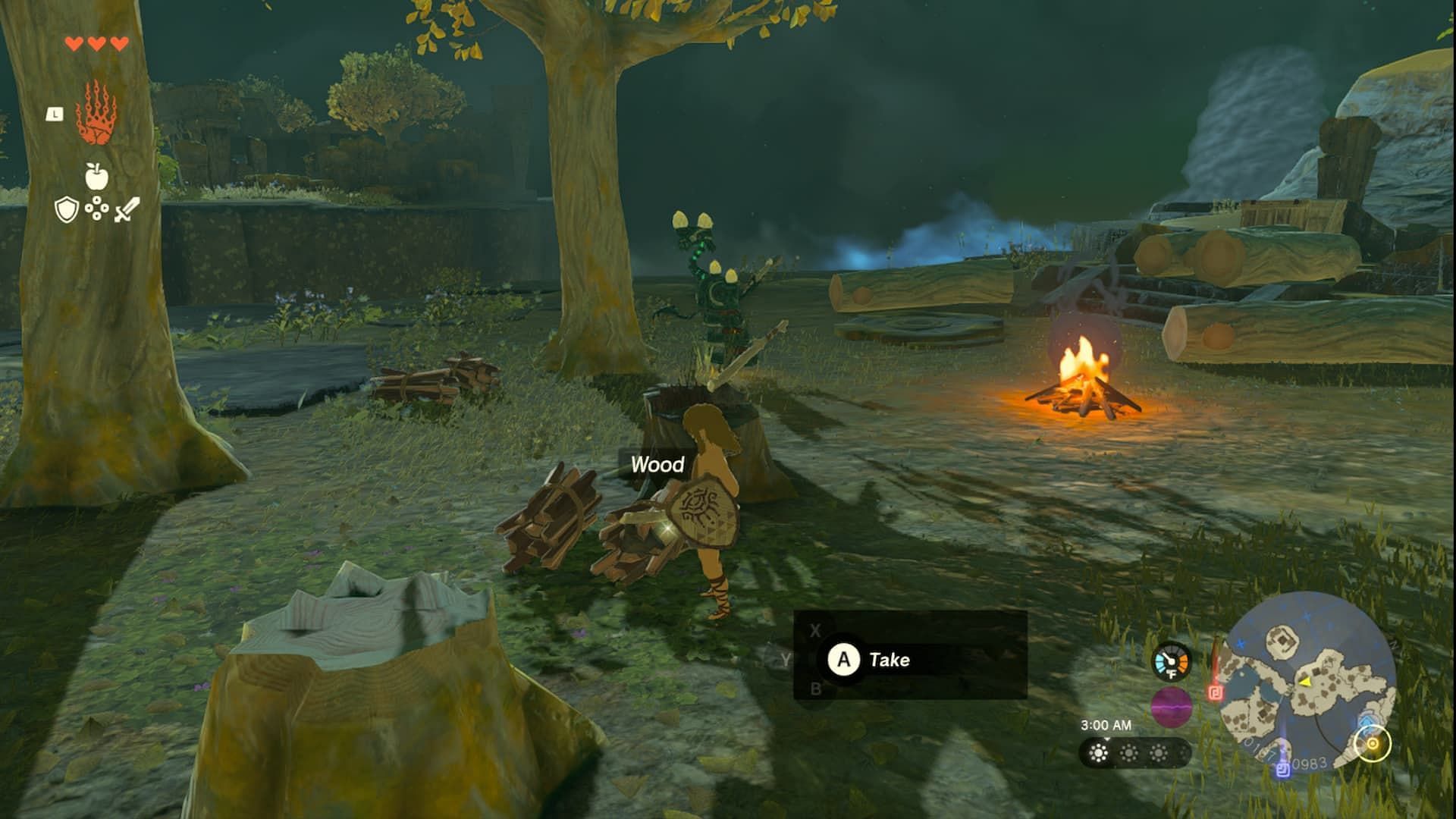 Wood can be picked up by cutting trees in The Legend of Zelda Tears of the Kingdom (Image via Nintendo)