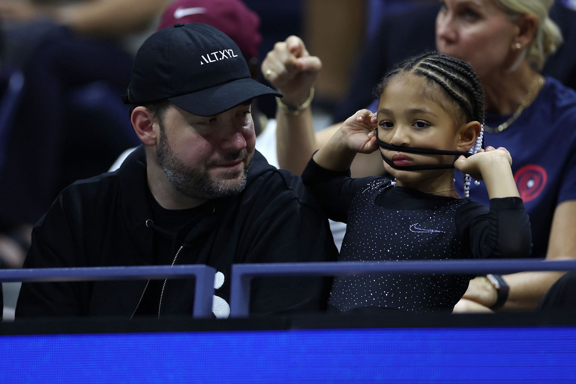 Alexis Ohanian pictured with daughter Olympia at the 2022 US Open watching Serena Williams&#039; match.
